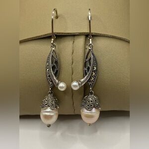 JUDITH JACK Marcasite Pearl Drop Earrings; Sterling Silver 925; Stamped; RARE.